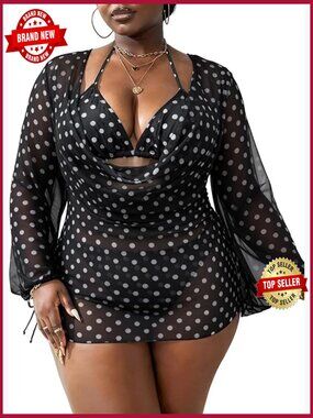 Plus Size 3 Piece Halter Triangle Bikini Set with Cover Up Bathing Suit